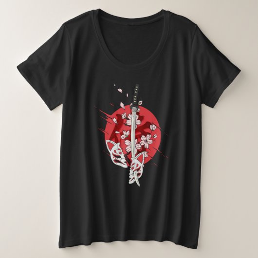 Ancient Japanese Samurai Katana Sword Cherry Bloss プラスサイズTシャツ (デザイン正面)