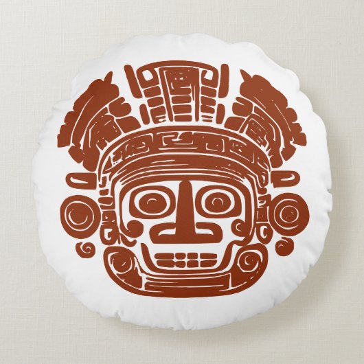 Ancient Mayan Sun God Mask Tribal Art ラウンドクッション (正面)