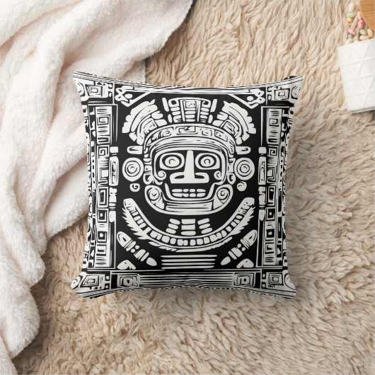 Ancient Mayan Sun God Mask Tribal Art Throw Pillow クッション (ブランケット)