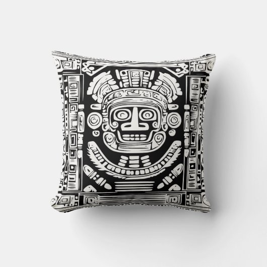 Ancient Mayan Sun God Mask Tribal Art Throw Pillow クッション (正面)