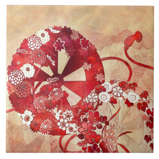 Ancient Orietal Fan & Flowers Tile タイル (正面)