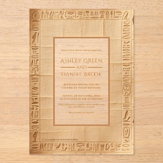 Ancient Papyrus Gold Hieroglyphs Egyptian Wedding アクリル招待状 (正面)