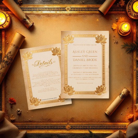 Ancient Papyrus Royal Gold Lotus Egyptian Wedding 招待状