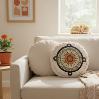 Ancient Sun Face Aztec Calendar Art Round Pillow ラウンドクッション