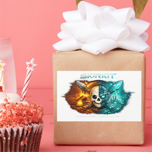 Ancient vs Future Cyber Skull Sticker | Tribal Fir 長方形シール (パーティー)