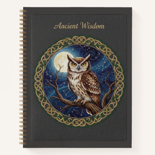 Ancient Wisdom Embroidered Owl & Moon Celestial ノートブック (正面)