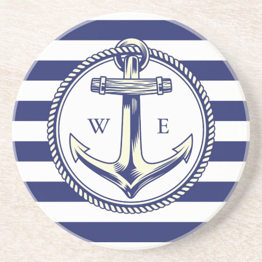 Ancre nautique Bleu marine Rayures コースター (正面)