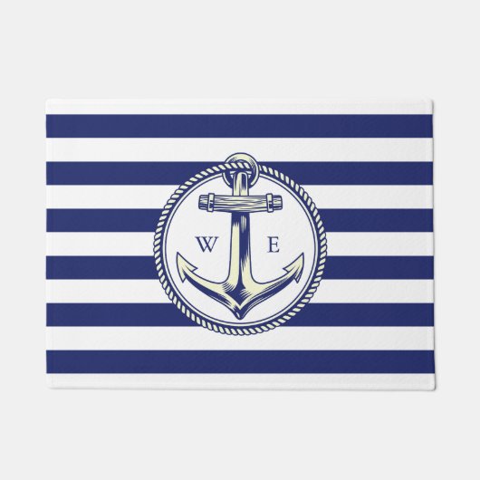 Ancre nautique Bleu marine Rayures ドアマット (正面)