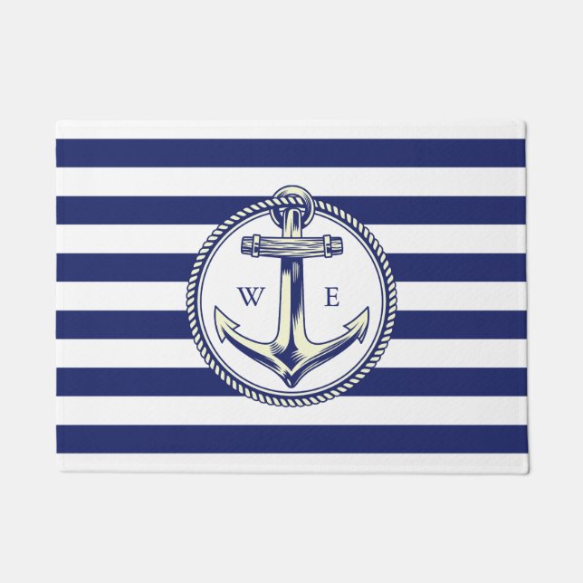 Ancre nautique Bleu marine Rayures ドアマット (正面)