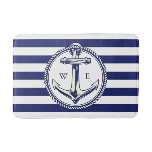 Ancre nautique Bleu marine Rayures バスマット (正面)