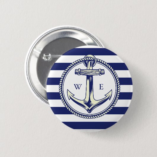 Ancre nautique Bleu marine Rayures 缶バッジ (正面&裏面)