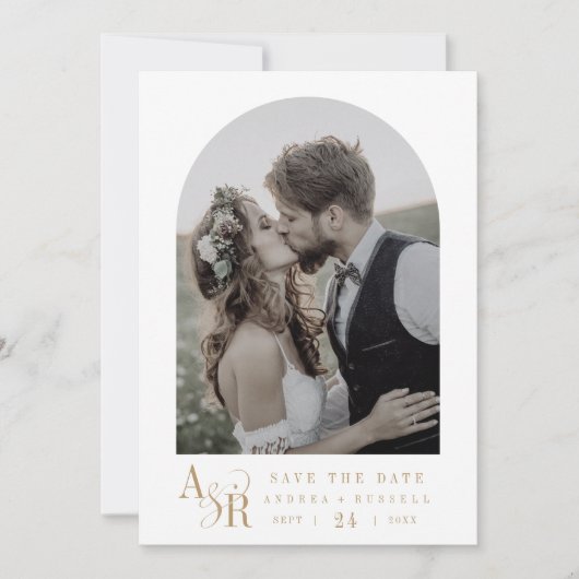 ANDREA金ゴールドホワイトミニマリストボホイニシャル結婚ズ セーブザデート (正面)