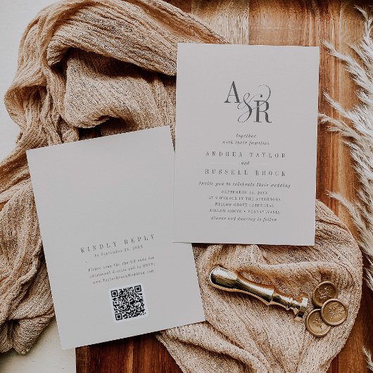 ANDREA Beige QR Code Classic Elegant Wedding 招待状