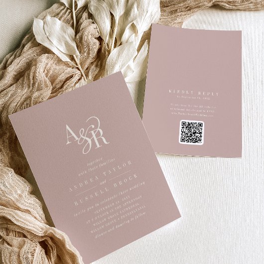 ANDREA Blush Pink QR Code Classic Elegant Wedding 招待状