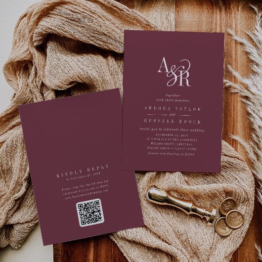 ANDREA Burgundy QR Code Classic Elegant Wedding 招待状