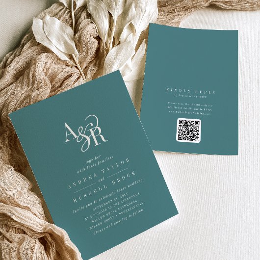 ANDREA Dark Teal QR Code Classic Elegant Wedding 招待状