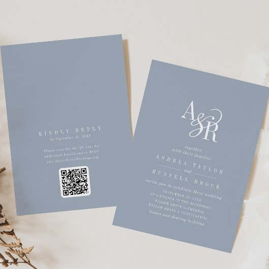 ANDREA Dusty Blue QR Code Classic Elegant Wedding 招待状