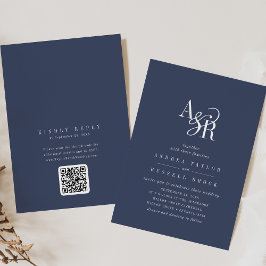 ANDREA Navy Blue QR Code Classic Elegant Wedding 招待状