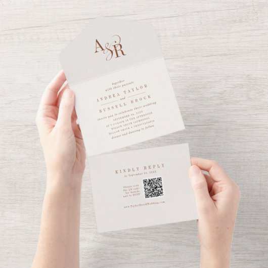 ANDREA QR Code Boho Cream Simple Minimal Wedding オールインワン招待状 (貼ってはがせる)