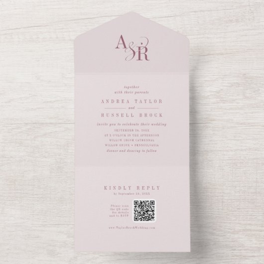 ANDREA QR Code Burgundy Blush Pink Simple Wedding オールインワン招待状 (内側)