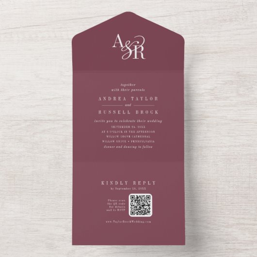 ANDREA QR Code Burgundy Simple Minimal Wedding オールインワン招待状 (内側)