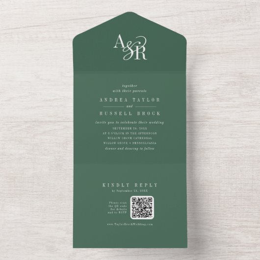 ANDREA QR Code Dark Green Simple Minimal Wedding オールインワン招待状 (内側)