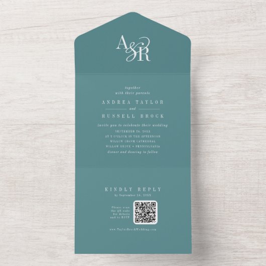 ANDREA QR Code Dark Teal Simple Minimal Wedding オールインワン招待状 (内側)