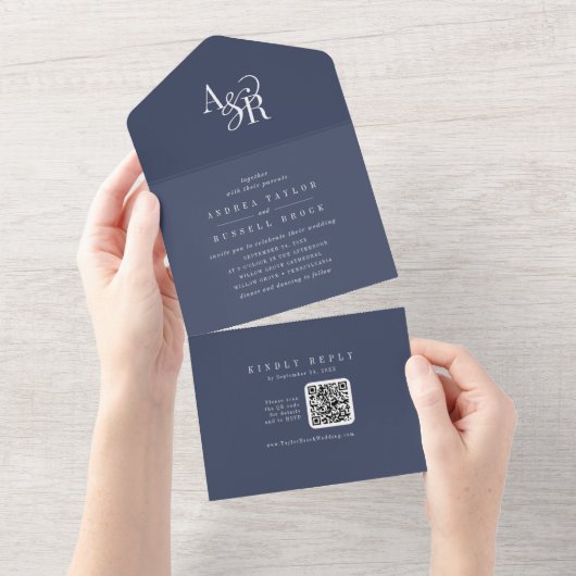 ANDREA QR Code Navy Blue Simple Minimal Wedding オールインワン招待状 (貼ってはがせる)