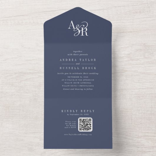 ANDREA QR Code Navy Blue Simple Minimal Wedding オールインワン招待状 (内側)