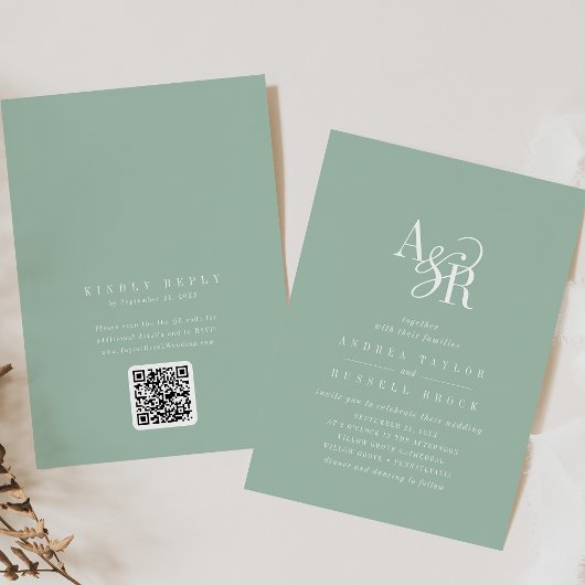 ANDREA Sage Green QR Code Classic Elegant Wedding 招待状