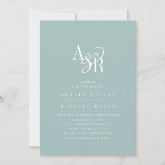 ANDREA Teal Blue QR Code Classic Elegant Wedding 招待状 (正面)