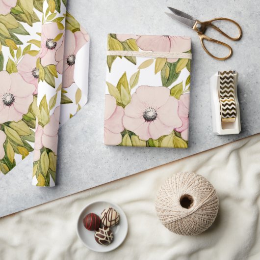 Anemoneソフトピンクの花水彩手色彩の鮮やか形 ラッピングペーパー (クラフト)