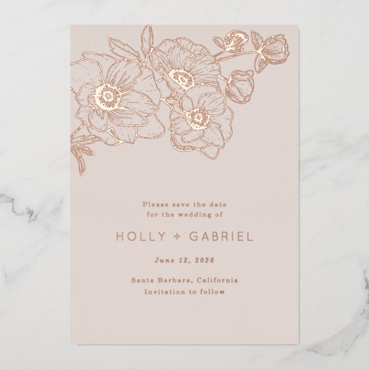 Anemoneブーケ結婚式の日付を保存 箔招待状 (正面)