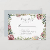 Anemone赤面ブルーグレーの花フレームウェディングRSVP 出欠カード (正面/裏面)