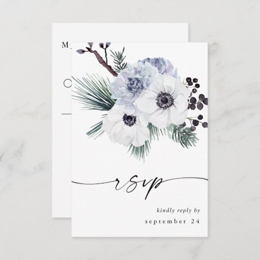 Anemone Winterホワイトフローラいいえ食事RSVP 出欠カード (正面/裏面)