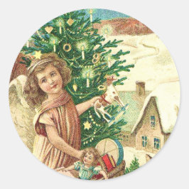 Angel bringing Christmas gifts and presents ラウンドシール