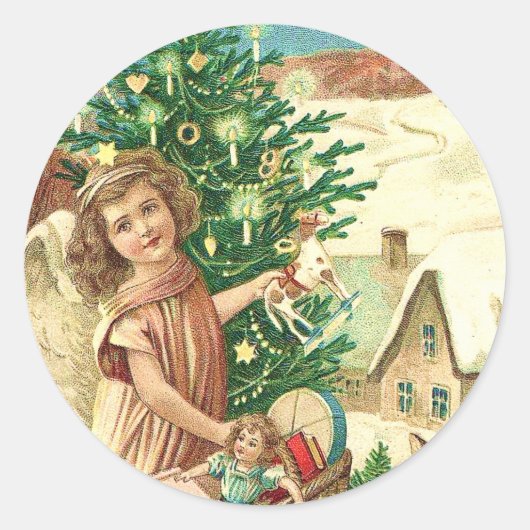 Angel bringing Christmas gifts and presents ラウンドシール (正面)