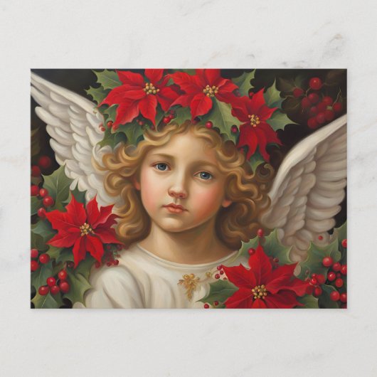 Angel of Christmas with Red Poinsettia Wreath  シーズンポストカード (正面)