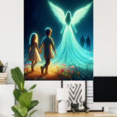 Angel Protecting Two Small Children in the Night ポスター (ホームオフィス)
