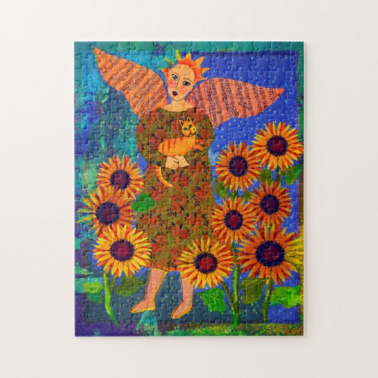 Angel with Tabby Cat and Sunflowers 11x14パズル ジグソーパズル (縦)