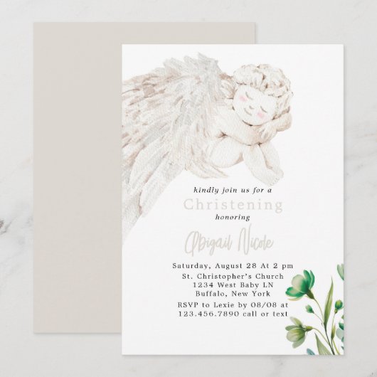Angel with Wings Green Floral Baptism  招待状 (正面/裏面)