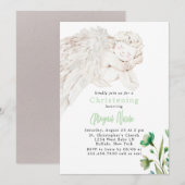 Angel with Wings Green Floral Baptism  招待状 (正面/裏面)