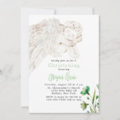 Angel with Wings Green Floral Baptism  招待状 (正面)