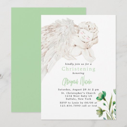 Angel with Wings Green Floral Baptism  招待状 (正面/裏面)