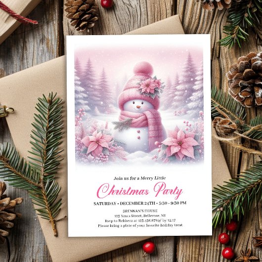 Angelic Pink Snowman Digital Christmas Invitation 招待状