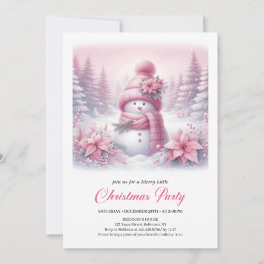 Angelic Pink Snowman Digital Christmas Invitation 招待状 (正面)