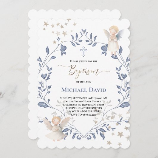 angels frame Baptism baby boy 招待状 (正面/裏面)