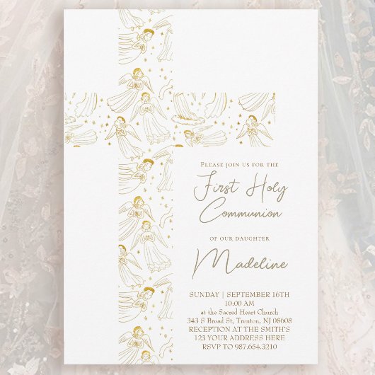 angels pattern cross First Holy Communion 招待状