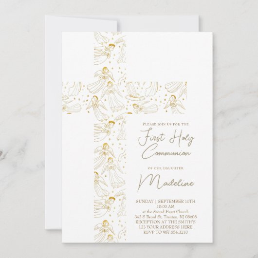 angels pattern cross First Holy Communion 招待状 (正面)