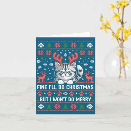 Angry Antler Cat Funny Xmas Ugly Sweater Long Slee カード (黄色い花)